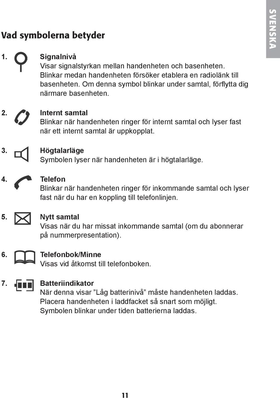 3. Högtalarläge Symbolen lyser när handenheten är i högtalarläge. 4. Telefon Blinkar när handenheten ringer för inkommande samtal och lyser fast när du har en koppling till telefonlinjen. 5.