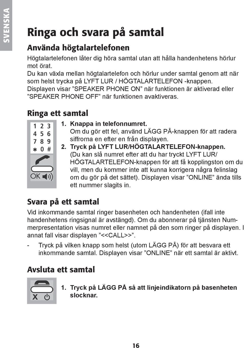 Displayen visar SPEAKER PHONE ON när funktionen är aktiverad eller SPEAKER PHONE OFF när funktionen avaktiveras. Ringa ett samtal 1. Knappa in telefonnumret.