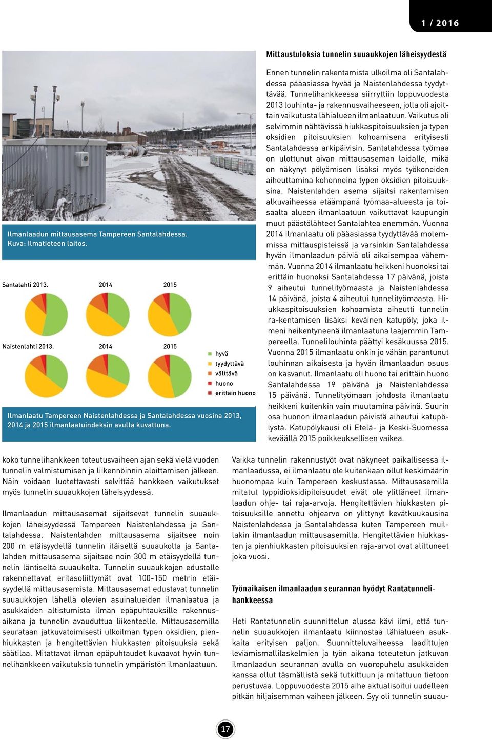 Ennen tunnelin rakentamista ulkoilma oli Santalahdessa pääasiassa hyvää ja Naistenlahdessa tyydyttävää.