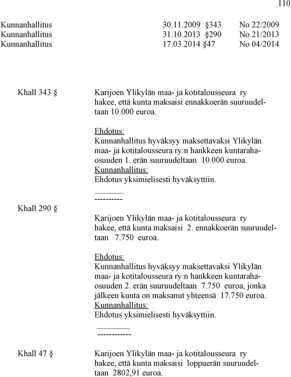 Kunnanhallitus hyväksyy maksettavaksi Ylikylän maa- ja kotitalousseura ry:n hankkeen kuntarahaosuuden 1. erän suuruudeltaan 10.000 euroa.