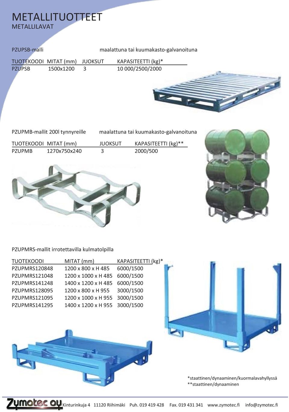 TUOTEKOODI MITAT (mm) KAPASITEETTI (kg)* PZUPMRS120848 1200 x 800 x H 485 6000/1500 PZUPMRS121048 1200 x 1000 x H 485 6000/1500 PZUPMRS141248 1400 x 1200 x H 485 6000/1500