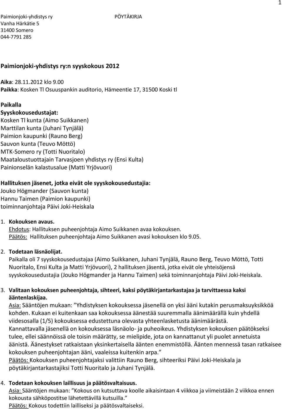 Sauvon kunta (Teuvo Möttö) MTK-Somero ry (Totti Nuoritalo) Maataloustuottajain Tarvasjoen yhdistys ry (Ensi Kulta) Painionselän kalastusalue (Matti Yrjövuori) Hallituksen jäsenet, jotka eivät ole