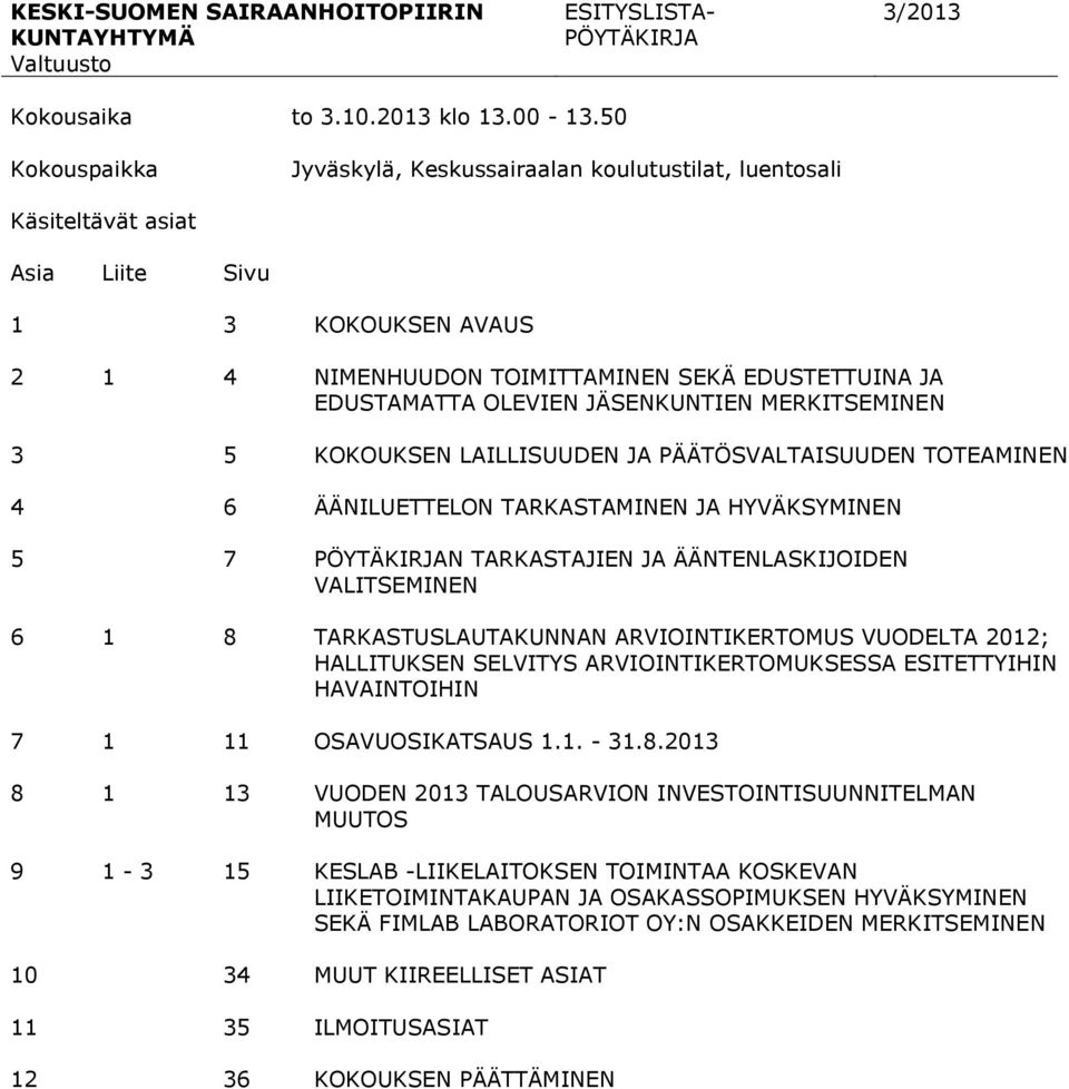 JÄSENKUNTIEN MERKITSEMINEN 3 5 KOKOUKSEN LAILLISUUDEN JA PÄÄTÖSVALTAISUUDEN TOTEAMINEN 4 6 ÄÄNILUETTELON TARKASTAMINEN JA HYVÄKSYMINEN 5 7 PÖYTÄKIRJAN TARKASTAJIEN JA ÄÄNTENLASKIJOIDEN VALITSEMINEN 6