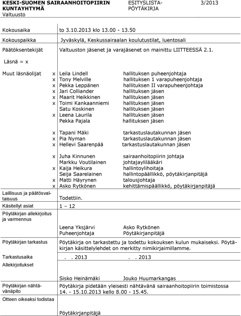 Läsnä = x Muut läsnäolijat x x x x x x x Leila Lindell Tony Melville Pekka Leppänen Jari Colliander Maarit Heikkinen Toimi Kankaanniemi Satu Koskinen Leena Laurila Pekka Pajala hallituksen