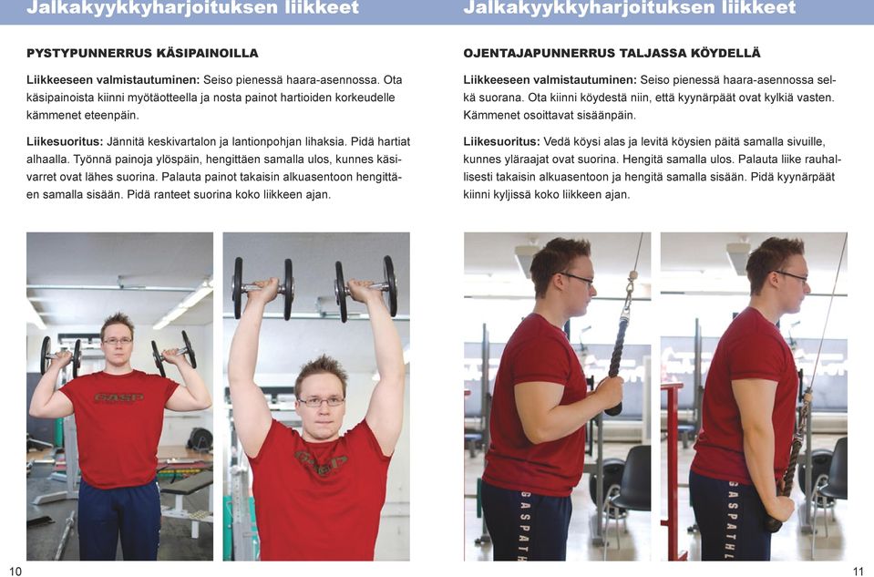 Työnnä painoja ylöspäin, hengittäen samalla ulos, kunnes käsivarret ovat lähes suorina. Palauta painot takaisin alkuasentoon hengittäen samalla sisään. Pidä ranteet suorina koko liikkeen ajan.