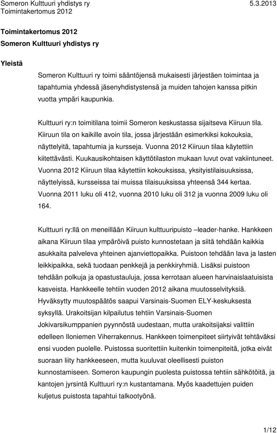 Kiiruun tila on kaikille avoin tila, jossa järjestään esimerkiksi kokouksia, näyttelyitä, tapahtumia ja kursseja. Vuonna 2012 Kiiruun tilaa käytettiin kiitettävästi.