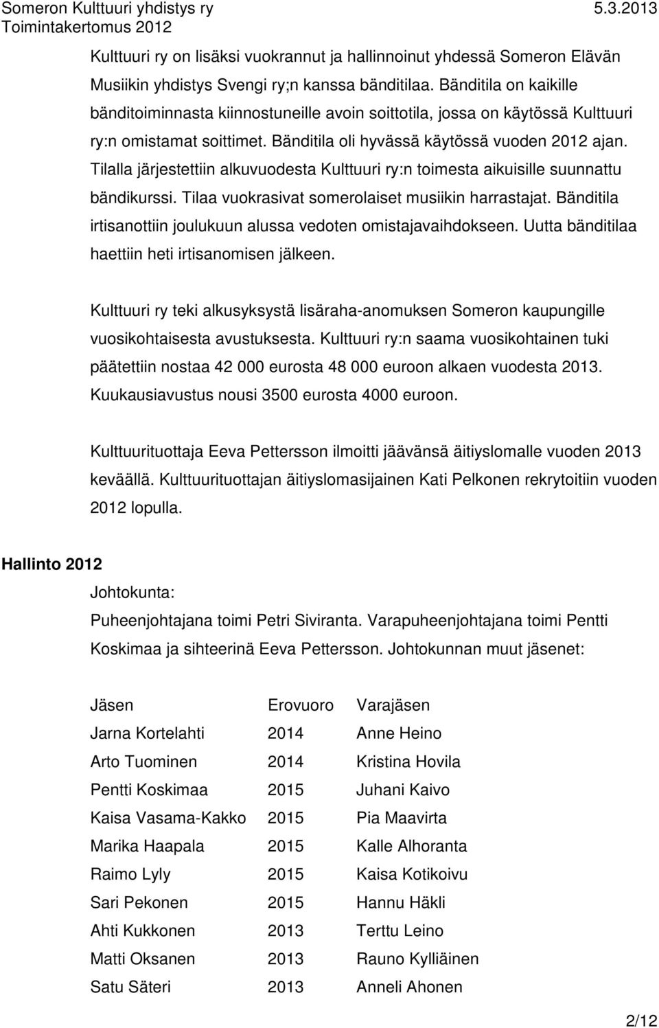 Tilalla järjestettiin alkuvuodesta Kulttuuri ry:n toimesta aikuisille suunnattu bändikurssi. Tilaa vuokrasivat somerolaiset musiikin harrastajat.