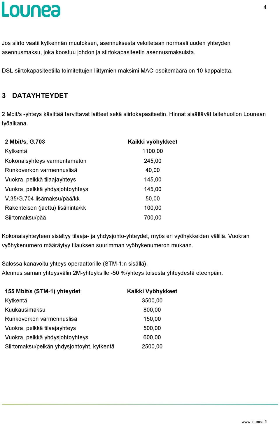 Hinnat sisältävät laitehuollon Lounean työaikana. 2 Mbit/s, G.