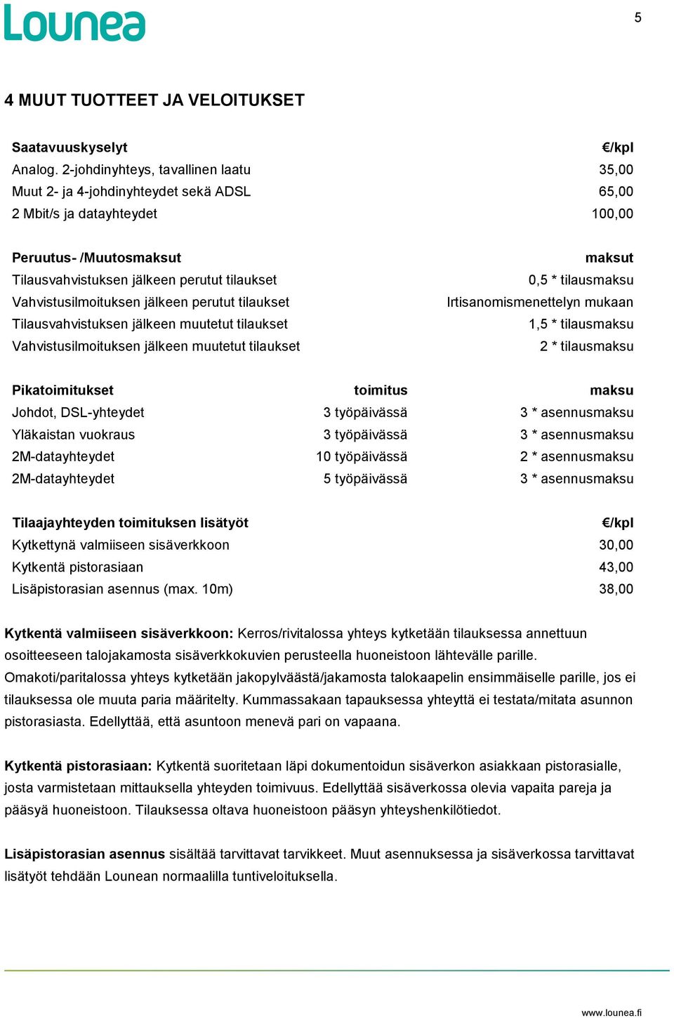 Vahvistusilmoituksen jälkeen perutut tilaukset Tilausvahvistuksen jälkeen muutetut tilaukset Vahvistusilmoituksen jälkeen muutetut tilaukset maksut 0,5 * tilausmaksu Irtisanomismenettelyn mukaan 1,5