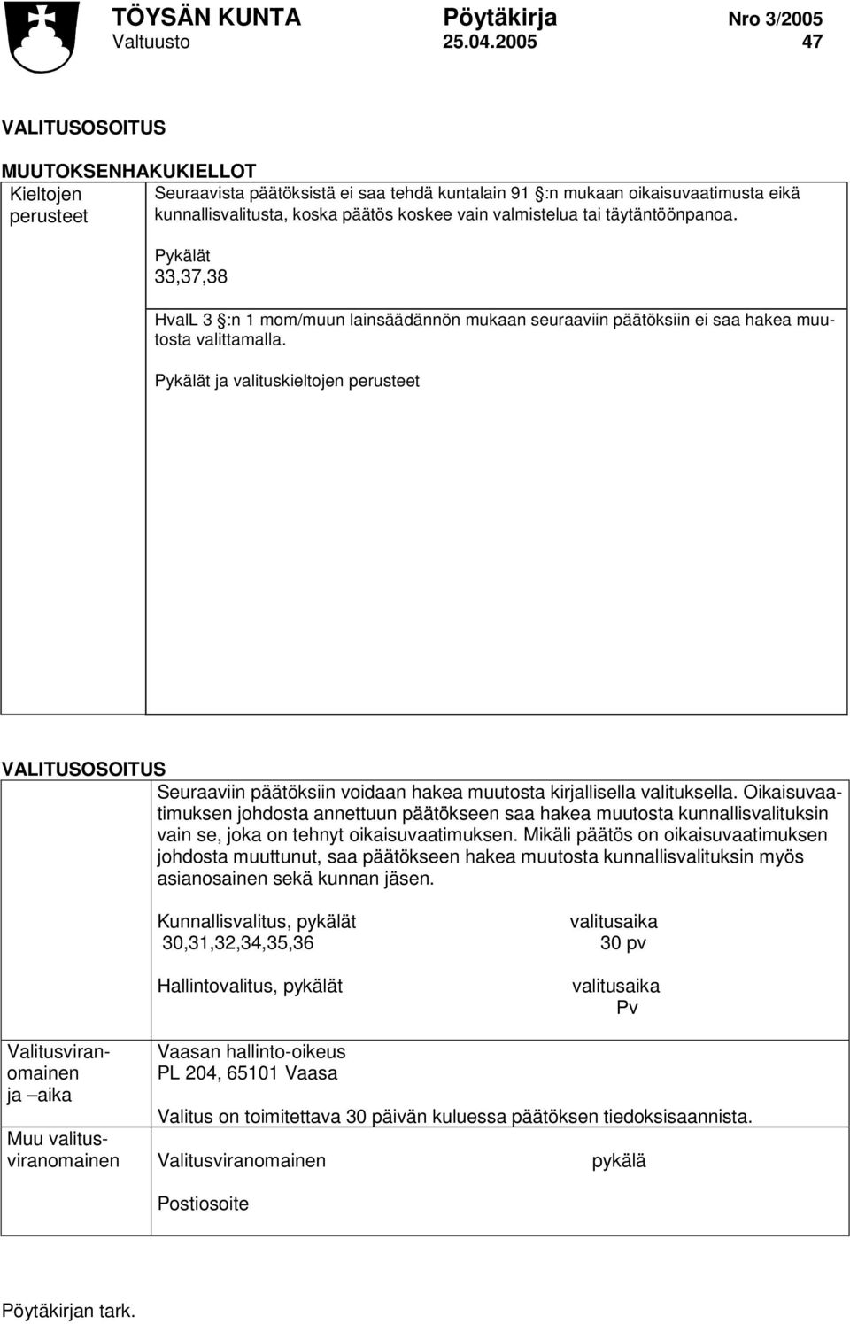 valmistelua tai täytäntöönpanoa. Pykälät 33,37,38 HvalL 3 :n 1 mom/muun lainsäädännön mukaan seuraaviin päätöksiin ei saa hakea muutosta valittamalla.