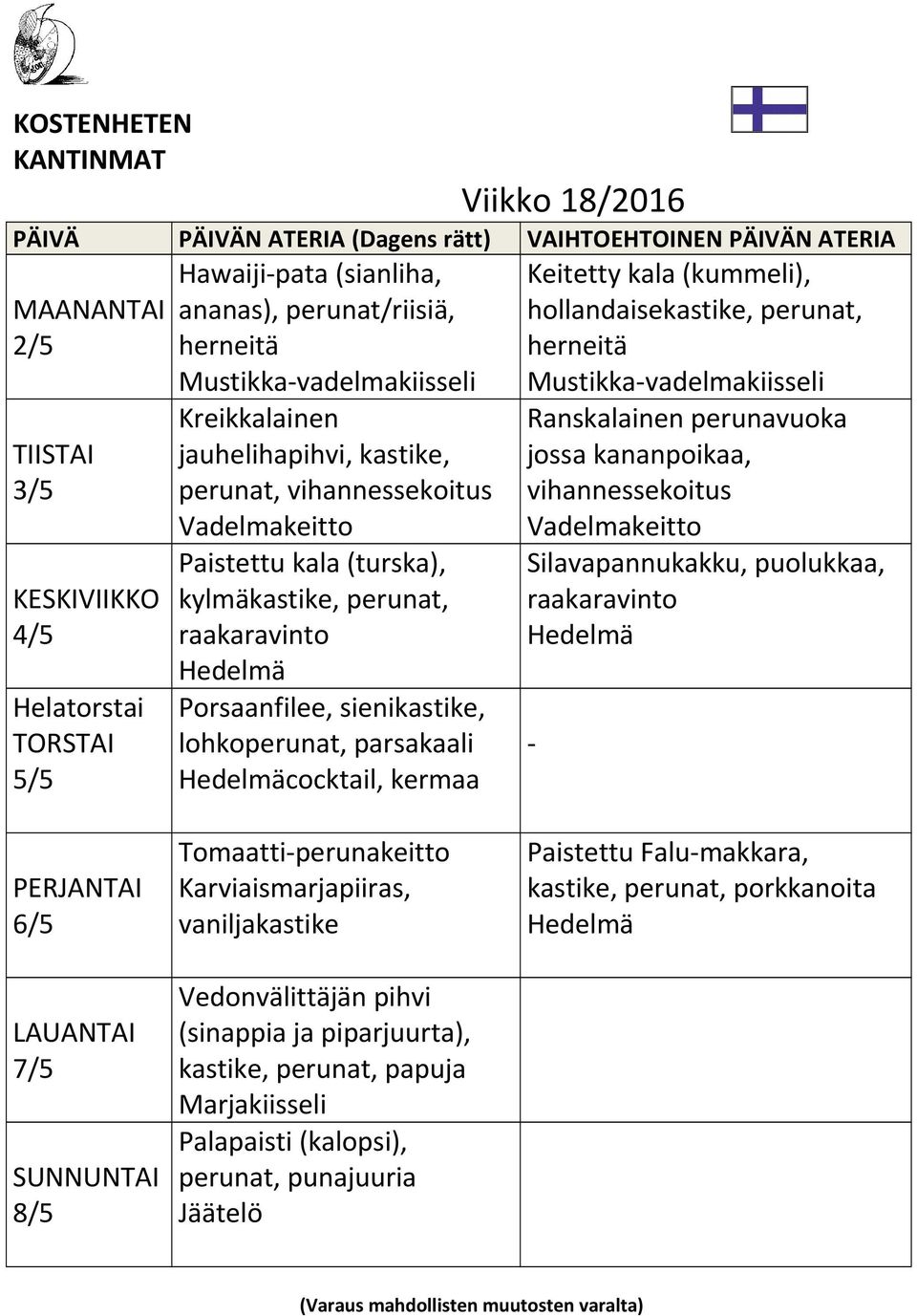 hollandaisekastike, perunat, Ranskalainen perunavuoka jossa kananpoikaa, vihannessekoitus Vadelmakeitto Silavapannukakku, puolukkaa, raakaravinto - 6/5 7/5 8/5 Tomaatti-perunakeitto