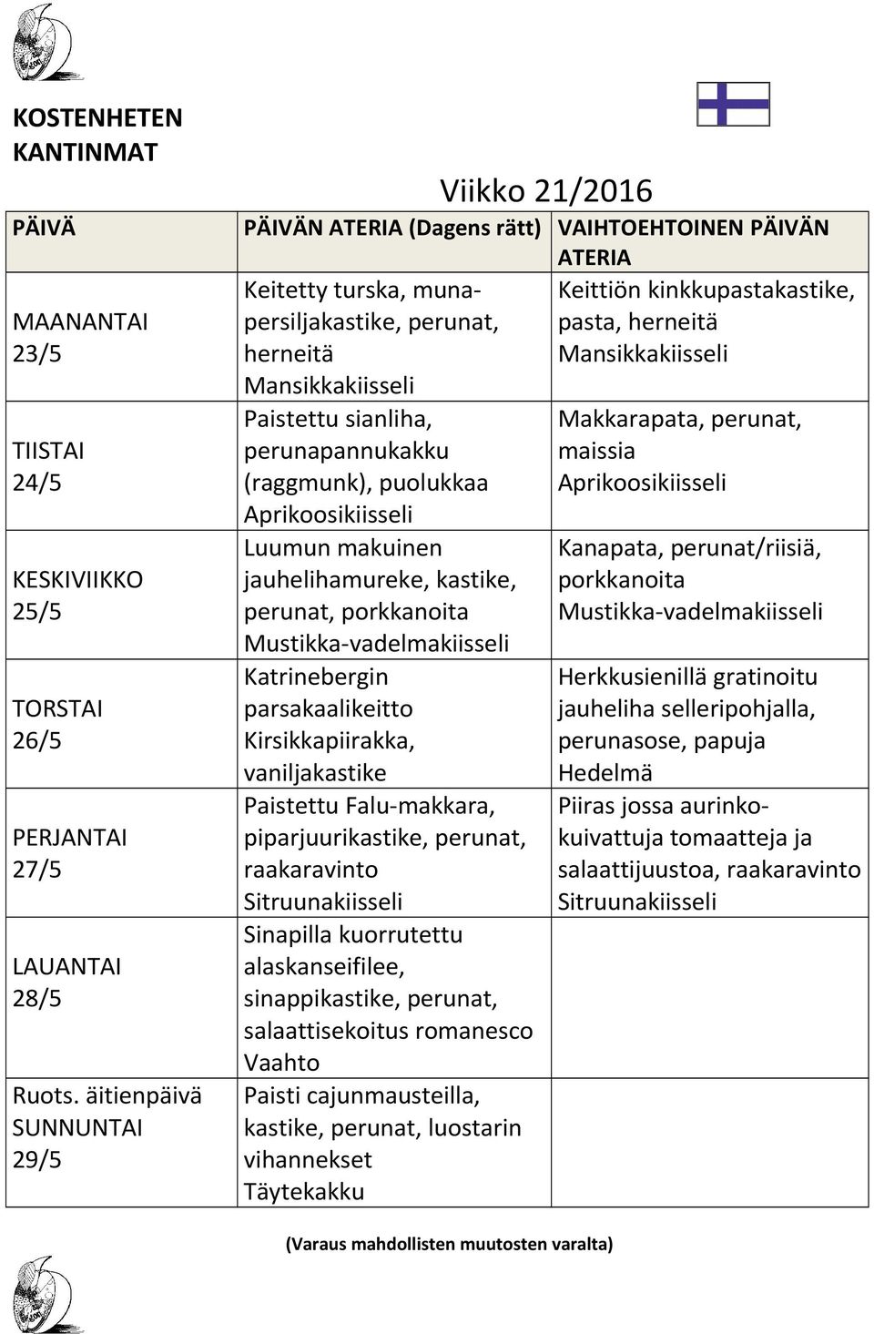 Paistettu sianliha, perunapannukakku (raggmunk), puolukkaa Aprikoosikiisseli Luumun makuinen jauhelihamureke, kastike, Katrinebergin parsakaalikeitto Kirsikkapiirakka, vaniljakastike Paistettu