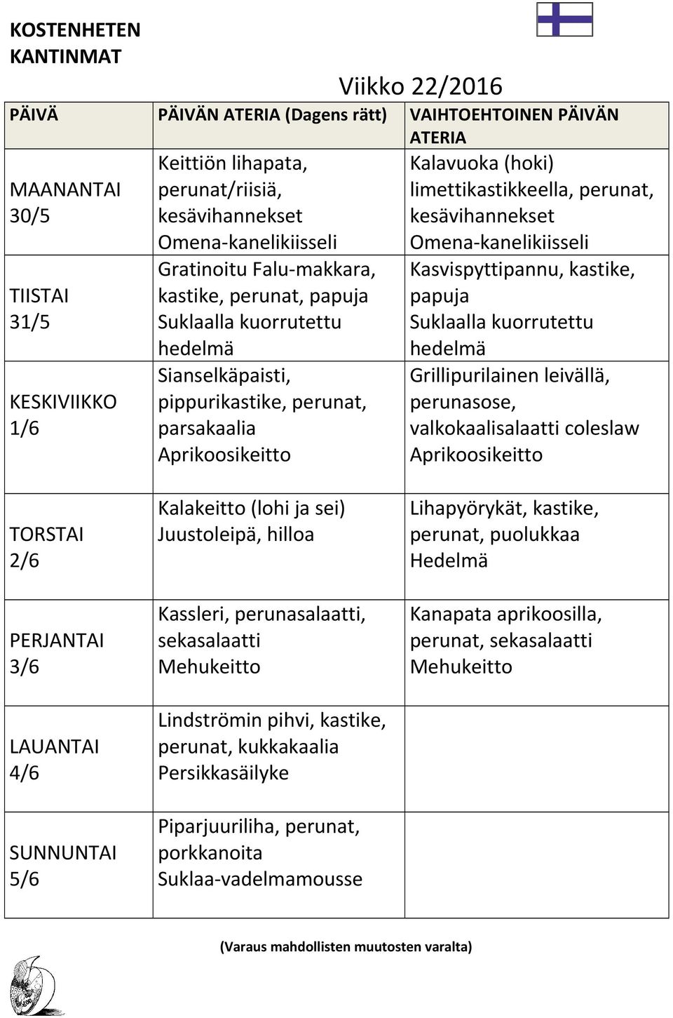 Suklaalla kuorrutettu hedelmä Grillipurilainen leivällä, perunasose, valkokaalisalaatti coleslaw 2/6 3/6 4/6 5/6 Kalakeitto (lohi ja sei) Juustoleipä, hilloa Kassleri, perunasalaatti, sekasalaatti