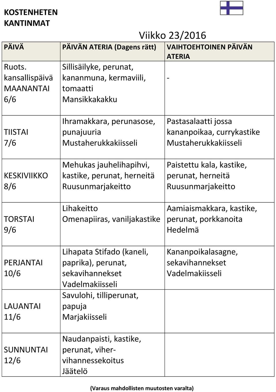 Mustaherukkakiisseli Mehukas jauhelihapihvi, kastike, perunat, Lihakeitto Omenapiiras, vaniljakastike Lihapata Stifado (kaneli, paprika), perunat,