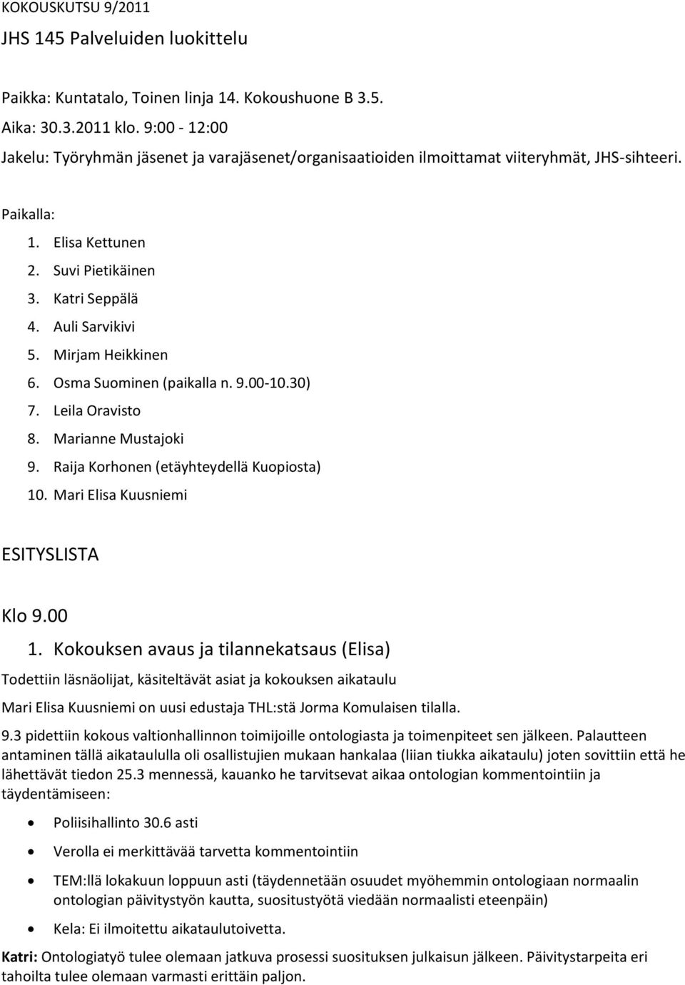 Mirjam Heikkinen 6. Osma Suominen (paikalla n. 9.00-10.30) 7. Leila Oravisto 8. Marianne Mustajoki 9. Raija Korhonen (etäyhteydellä Kuopiosta) 10. Mari Elisa Kuusniemi ESITYSLISTA Klo 9.00 1.