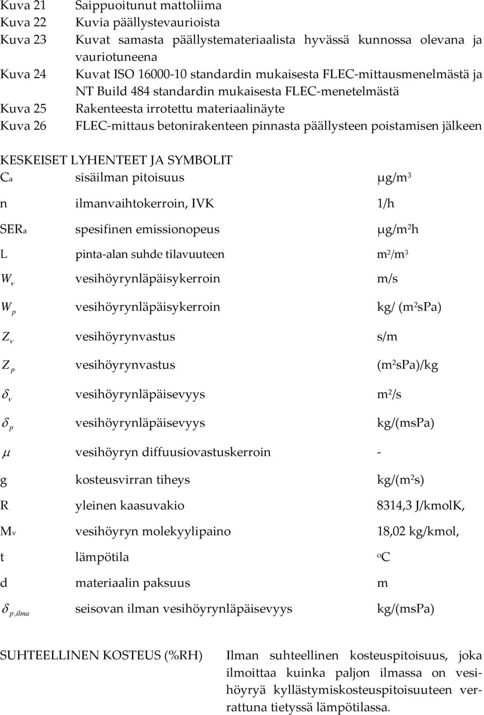 poistamisen jälkeen KESKEISET LYHENTEET JA SYMBOLIT Ca sisäilman pitoisuus μg/m 3 n ilmanvaihtokerroin, IVK 1/h SERa spesifinen emissionopeus μg/m 2 h L pinta alan suhde tilavuuteen m 2 /m 3 W