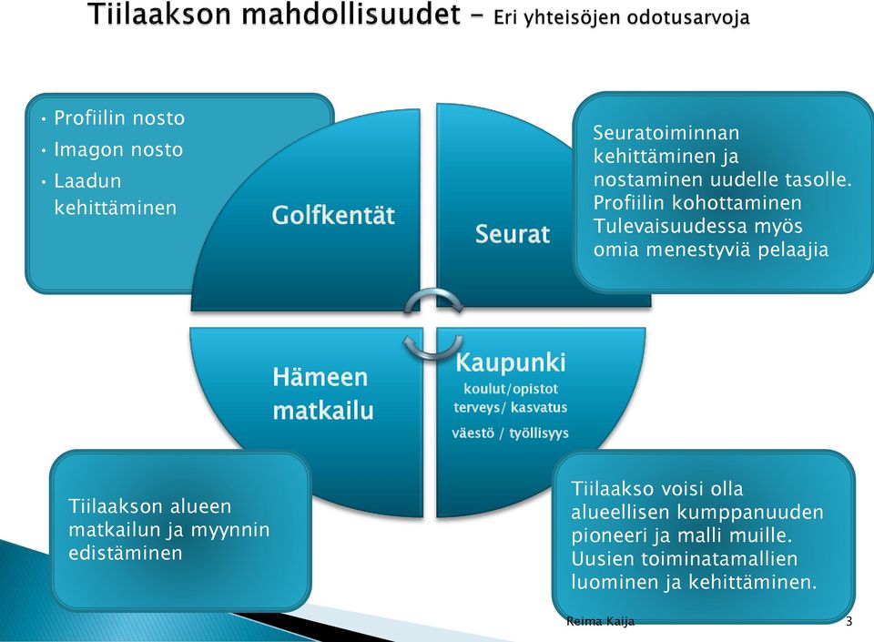 Profiilin kohottaminen Tulevaisuudessa myös omia menestyviä pelaajia Hämeen matkailu Kaupunki koulut/opistot