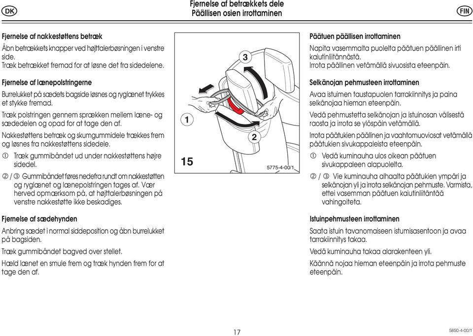 Træk polstringen gennem sprækken mellem læne- og sædedelen og opad for at tage den af. Nakkestøttens betræk og skumgummidele trækkes frem og løsnes fra nakkestøttens sidedele.