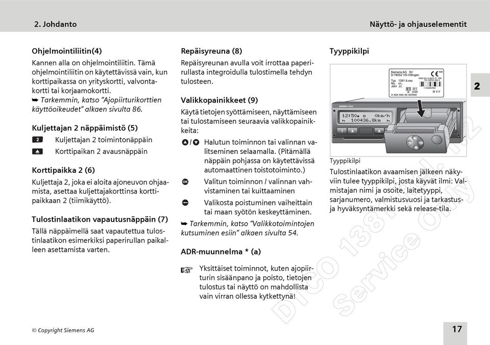 Kuljettajan 2 näppäimistö (5) Kuljettajan 2 toimintonäppäin Korttipaikan 2 avausnäppäin Korttipaikka 2 (6) Kuljettaja 2, joka ei aloita ajoneuvon ohjaamista, asettaa kuljettajakorttinsa