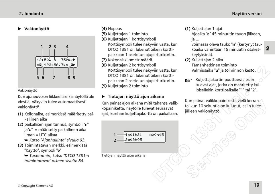 (3) Toimintatavan merkki, esimerkissä "Käyttö", symboli "" Tarkemmin, katso DTCO 1381:n toimintatavat alkaen sivulta 84.