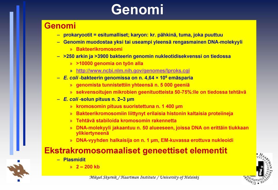 genomia on työn alla» http://www.ncbi.nlm.nih.gov/genomes/lproks.cgi E. coli -bakteerin genomissa on n. 4,64 10 6 emäsparia» genomista tunnistettiin yhteensä n.