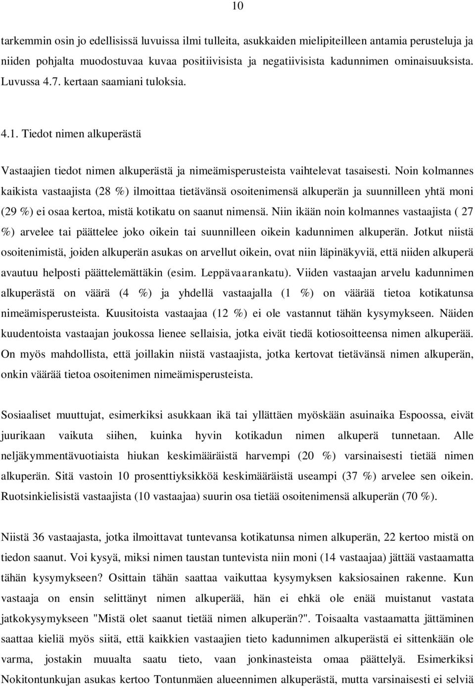 Noin kolmannes kaikista vastaajista (28 %) ilmoittaa tietävänsä osoitenimensä alkuperän ja suunnilleen yhtä moni (29 %) ei osaa kertoa, mistä kotikatu on saanut nimensä.