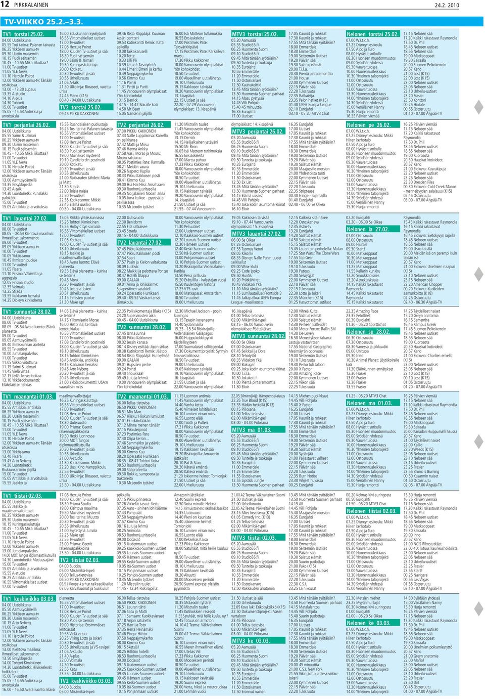 05-15.53 Antiikkia ja arvoituksia TV1 perjantai 26.02. 04.00 Uutisikkuna 05.55 Saimi & Jalmari 06.25 Ykkösen aamu-tv 09.30 Uusiin maisemiin 10.15 Puoli seitsemän 10.45-10.55 Mikä liikuttaa? 11.