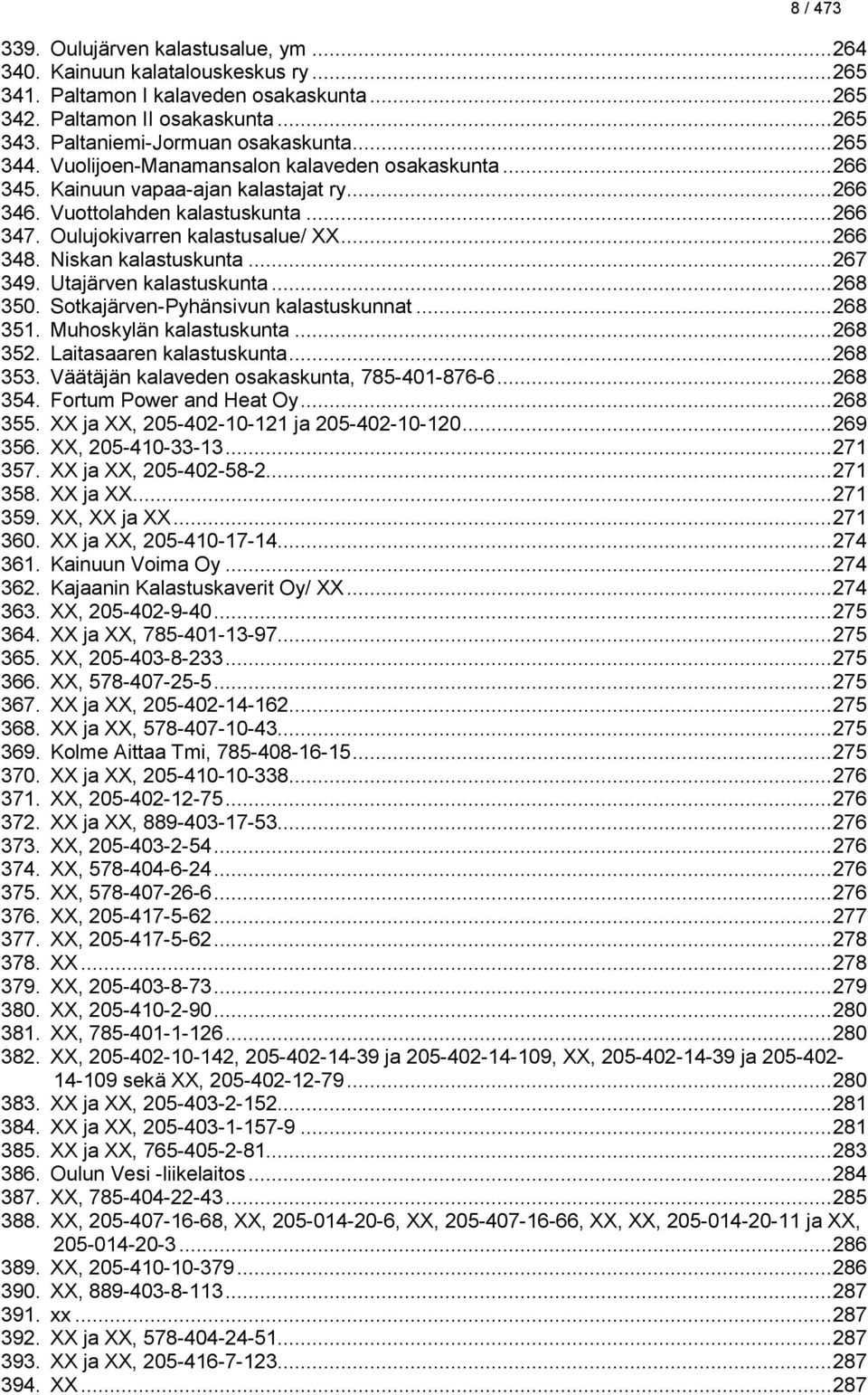 Oulujokivarren kalastusalue/ XX... 266 348. Niskan kalastuskunta... 267 349. Utajärven kalastuskunta... 268 350. Sotkajärven-Pyhänsivun kalastuskunnat... 268 351. Muhoskylän kalastuskunta... 268 352.