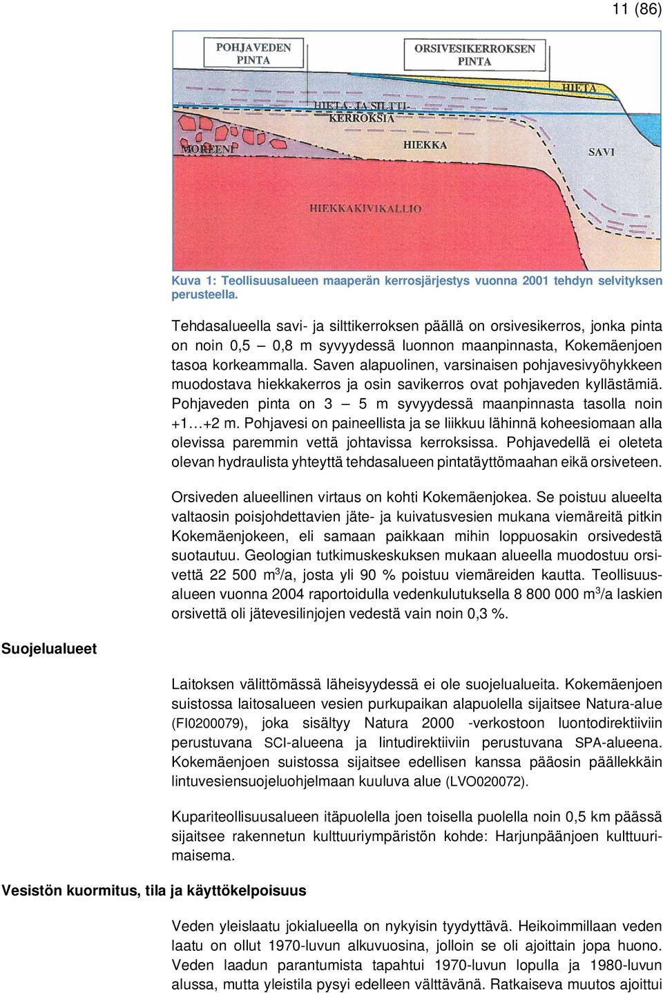 Saven alapuolinen, varsinaisen pohjavesivyöhykkeen muodostava hiekkakerros ja osin savikerros ovat pohjaveden kyllästämiä. Pohjaveden pinta on 3 5 m syvyydessä maanpinnasta tasolla noin +1 +2 m.