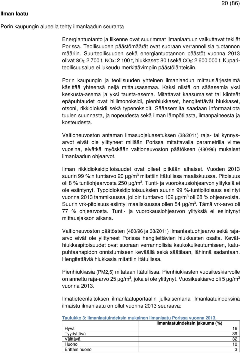 Suurteollisuuden sekä energiantuotannon päästöt vuonna 2013 olivat SO2: 2 700 t, NOx: 2 100 t, hiukkaset: 80 t sekä CO2: 2 600 000 t. Kupariteollisuusalue ei lukeudu merkittävimpiin päästölähteisiin.