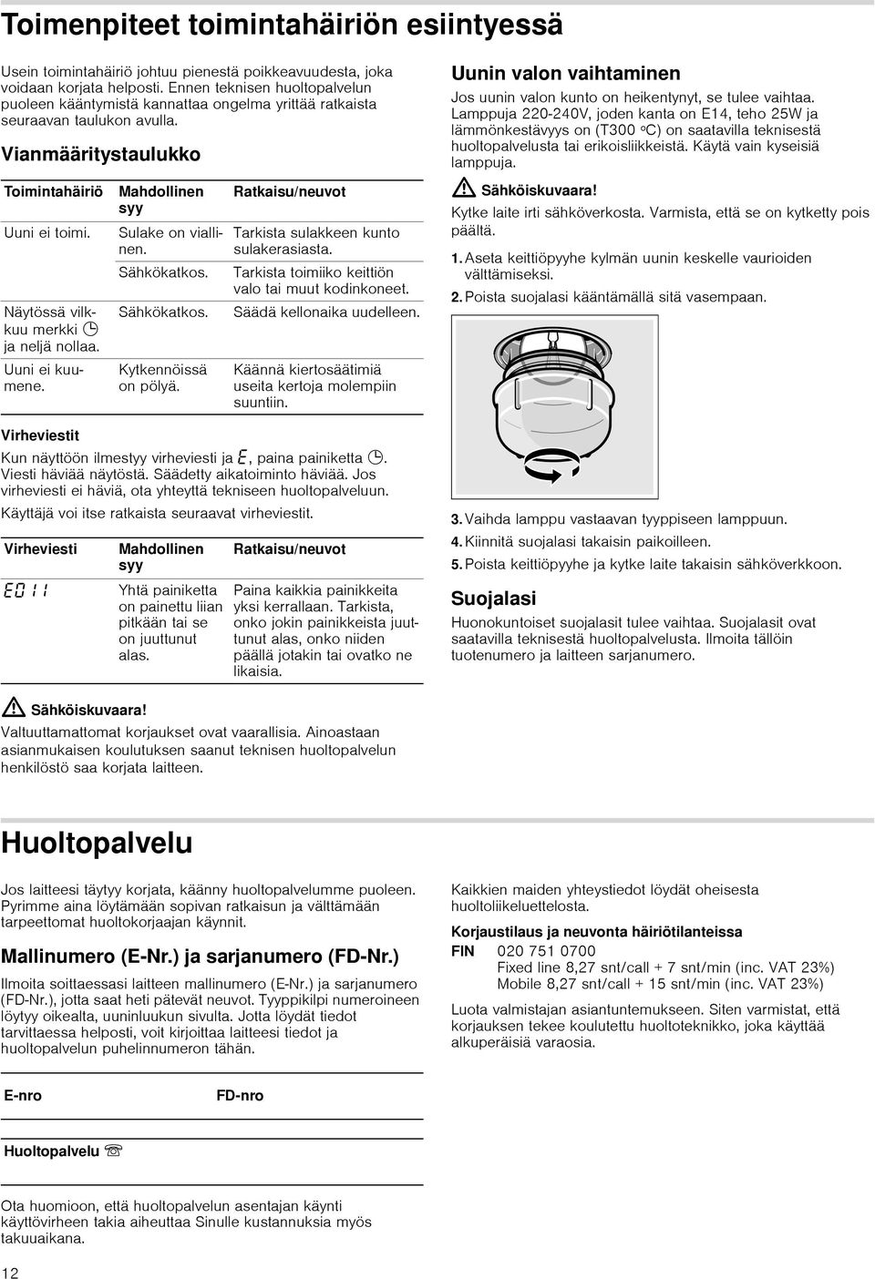 Näytössä vilkkuu merkki 0 ja neljä nollaa. Uuni ei kuumene. Virheviestit Kun näyttöön ilmestyy virheviesti ja, paina painiketta 0. Viesti häviää näytöstä. Säädetty aikatoiminto häviää.