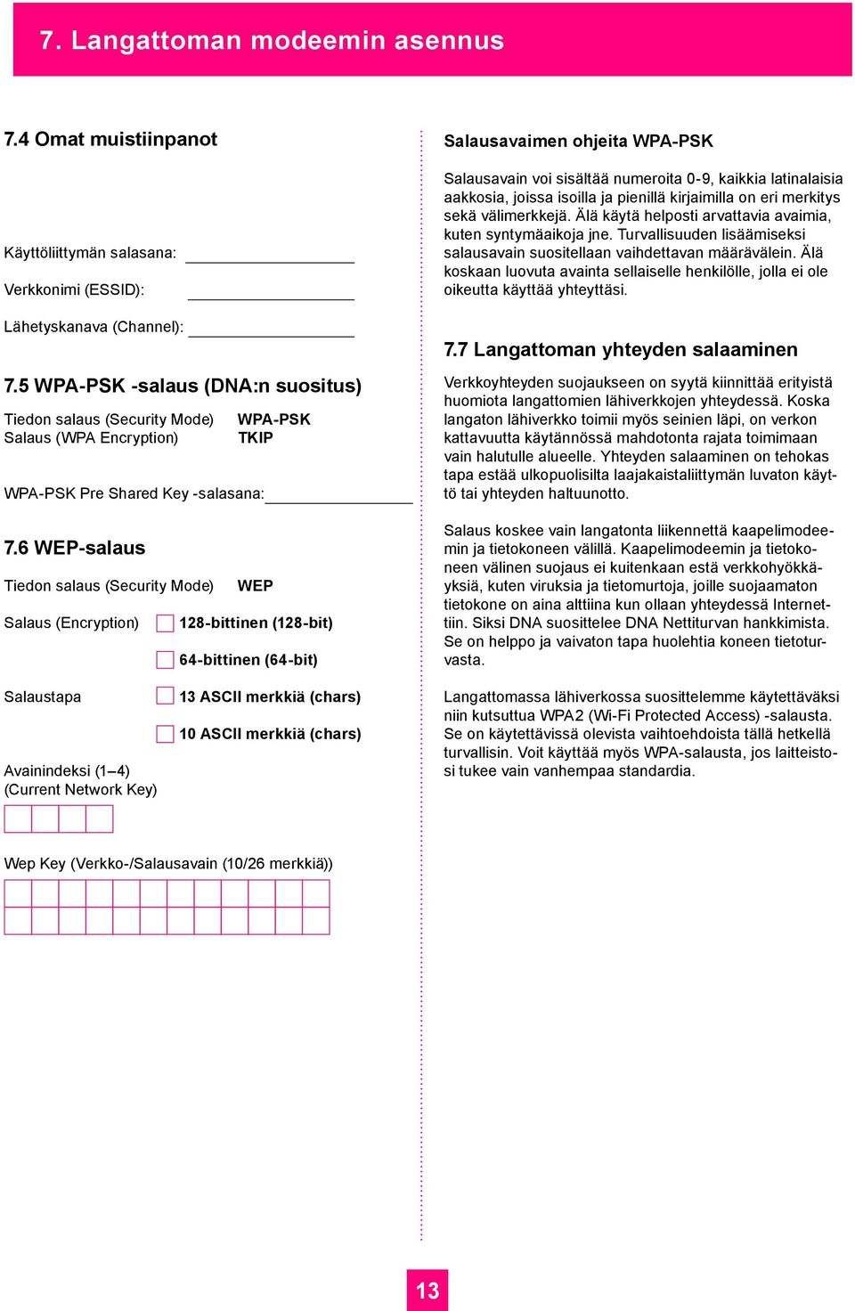 6 WEP-salaus Tiedon salaus (Security Mode) WEP Salaus (Encryption) 128-bittinen (128-bit) 64-bittinen (64-bit) Salausavaimen ohjeita WPA-PSK Salausavain voi sisältää numeroita 0-9, kaikkia