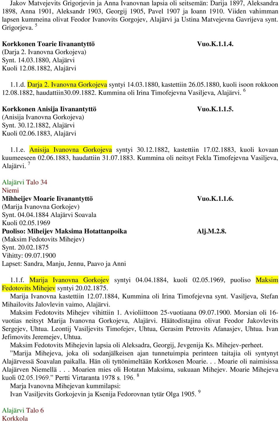 1880, Alajärvi Kuoli 12.08.1882, Alajärvi Vuo.K.1.1.4. 1.1.d. Darja 2. Ivanovna Gorkojeva syntyi 14.03.1880, kastettiin 26.05.1880, kuoli isoon rokkoon 12.08.1882, haudattiin30.09.1882. Kummina oli Irina Timofejevna Vasiljeva, Alajärvi.