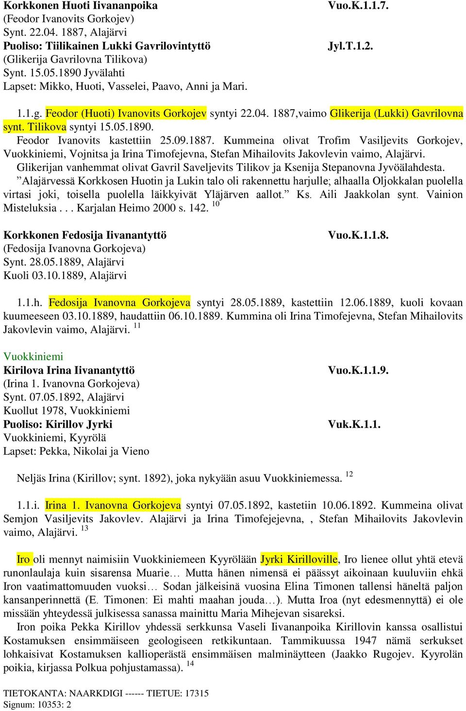 Tilikova syntyi 15.05.1890. Feodor Ivanovits kastettiin 25.09.1887.