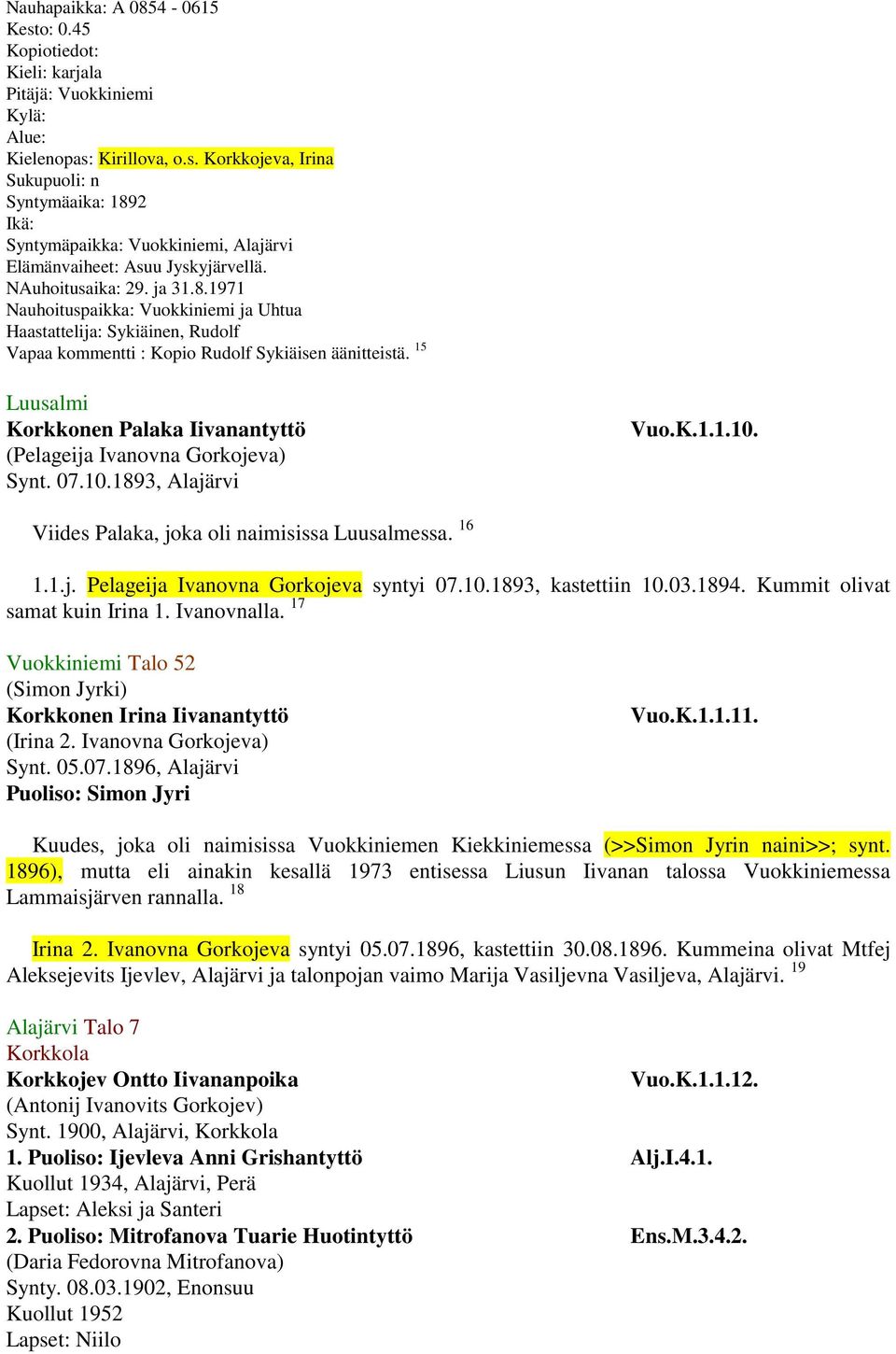 15 Luusalmi Korkkonen Palaka Iivanantyttö (Pelageija Ivanovna Gorkojeva) Synt. 07.10.1893, Alajärvi Vuo.K.1.1.10. Viides Palaka, joka oli naimisissa Luusalmessa. 16 1.1.j. Pelageija Ivanovna Gorkojeva syntyi 07.