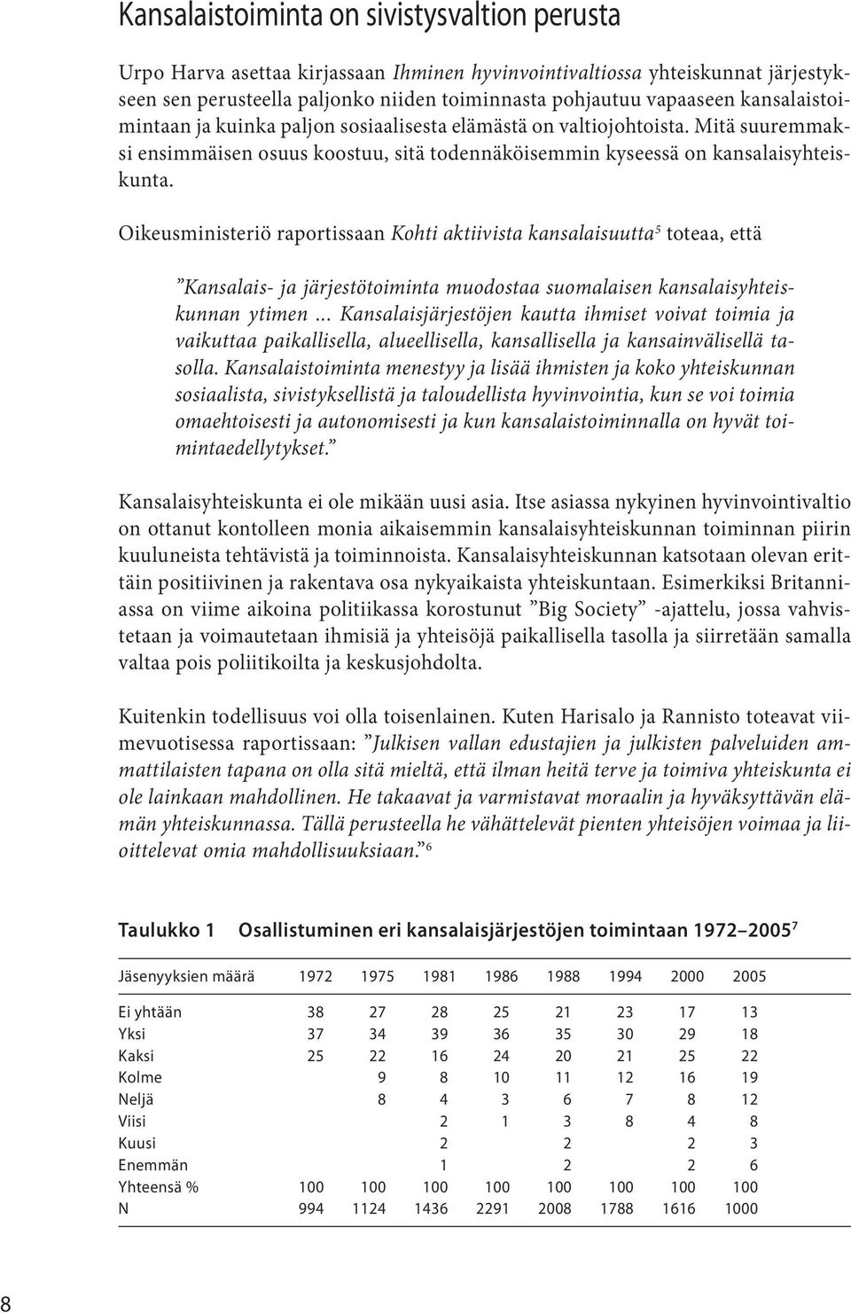 Oikeusministeriö raportissaan Kohti aktiivista kansalaisuutta 5 toteaa, että Kansalais- ja järjestötoiminta muodostaa suomalaisen kansalaisyhteiskunnan ytimen.