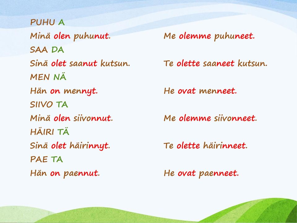 HÄIRI TÄ Sinä olet häirinnyt. PAE TA Hän on paennut. Me olemme puhuneet.