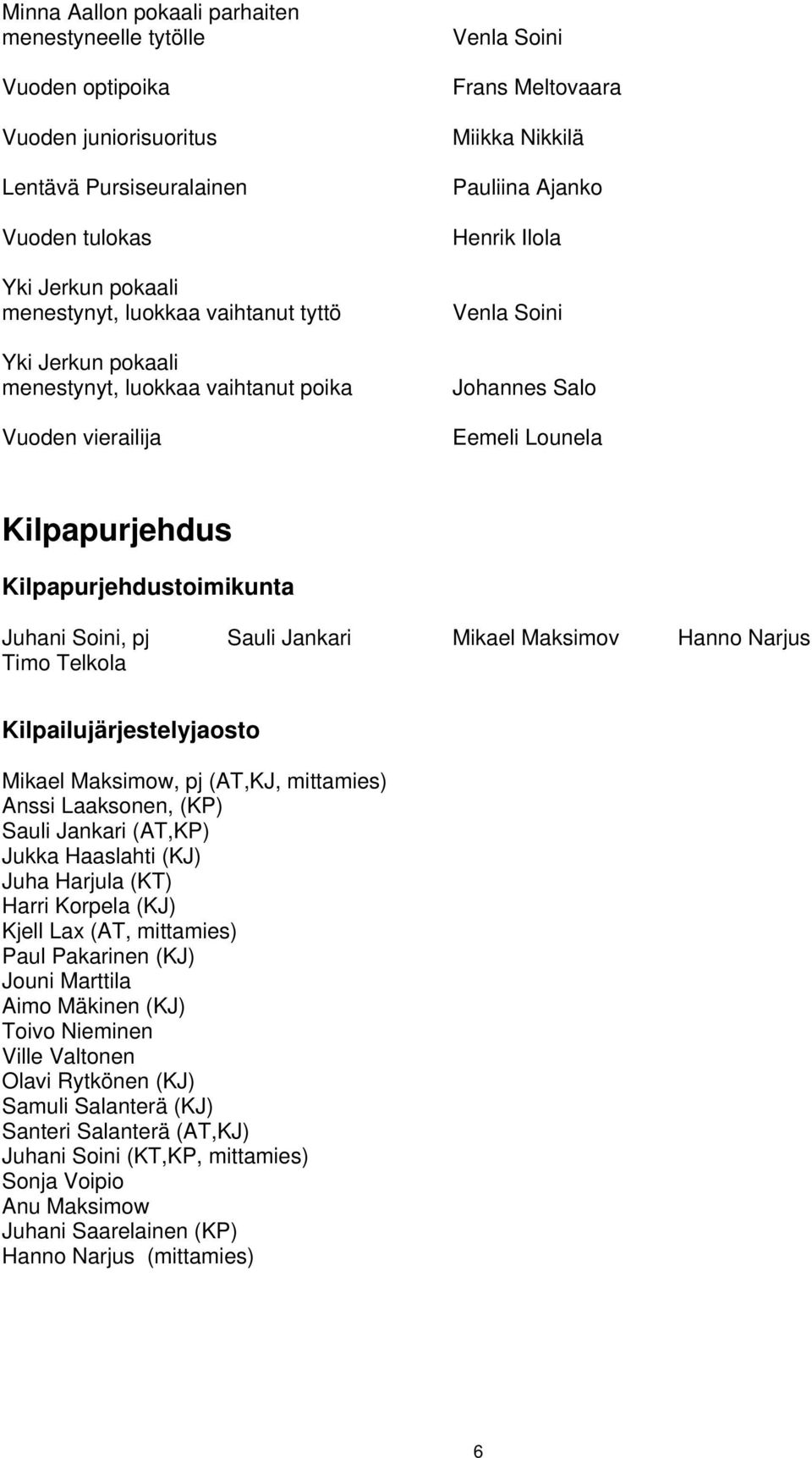 Kilpapurjehdustoimikunta Juhani Soini, pj Sauli Jankari Mikael Maksimov Hanno Narjus Timo Telkola Kilpailujärjestelyjaosto Mikael Maksimow, pj (AT,KJ, mittamies) Anssi Laaksonen, (KP) Sauli Jankari