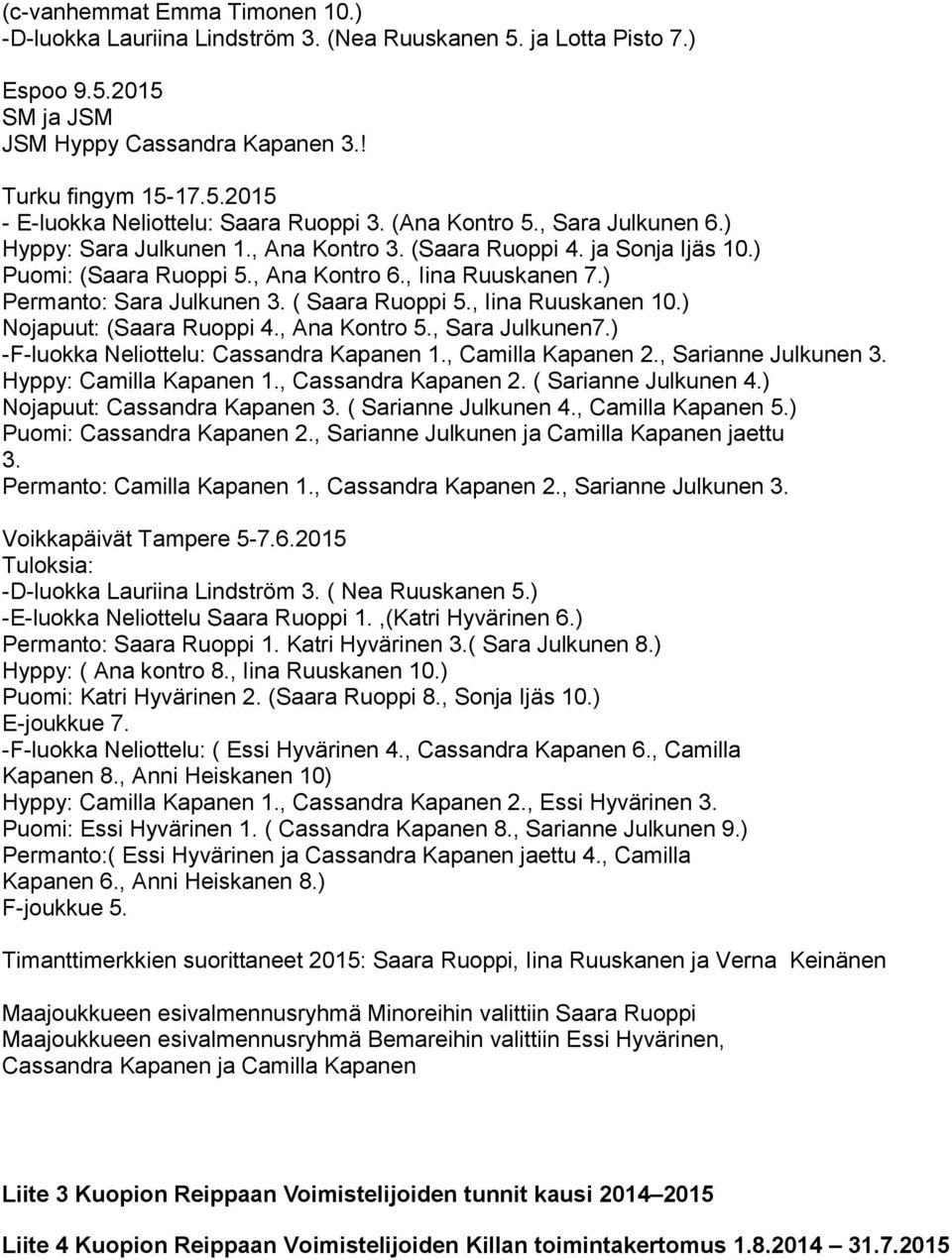 ( Saara Ruoppi 5., Iina Ruuskanen 10.) Nojapuut: (Saara Ruoppi 4., Ana Kontro 5., Sara Julkunen7.) -F-luokka Neliottelu: Cassandra Kapanen 1., Camilla Kapanen 2., Sarianne Julkunen 3.