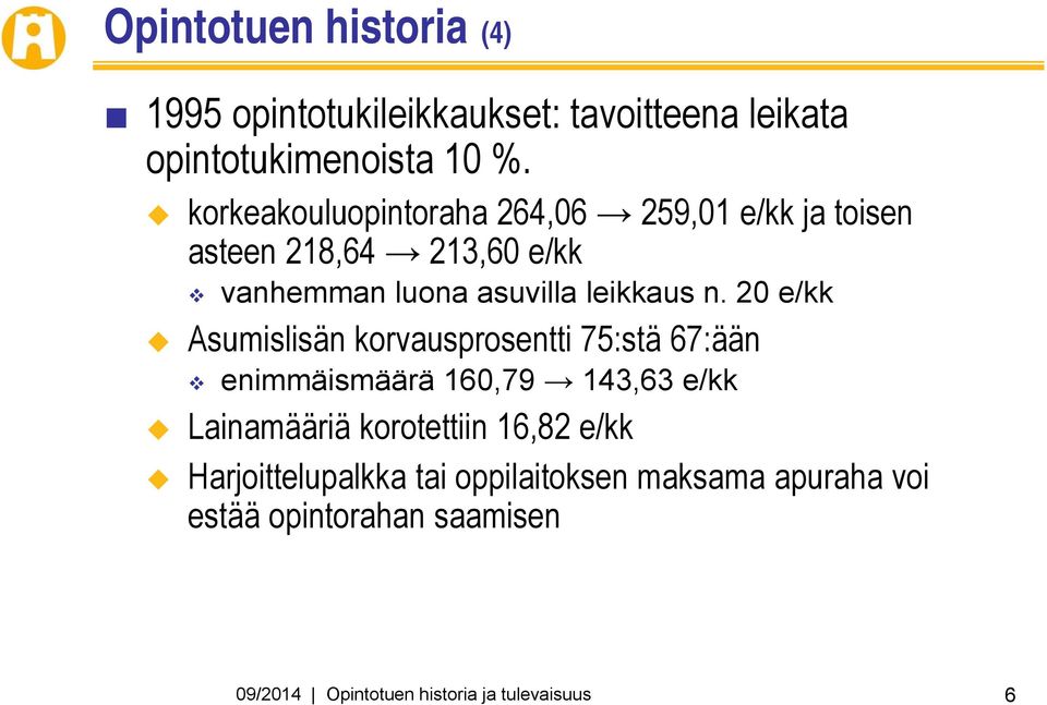 20 e/kk Asumislisän korvausprosentti 75:stä 67:ään enimmäismäärä 160,79 143,63 e/kk Lainamääriä korotettiin 16,82