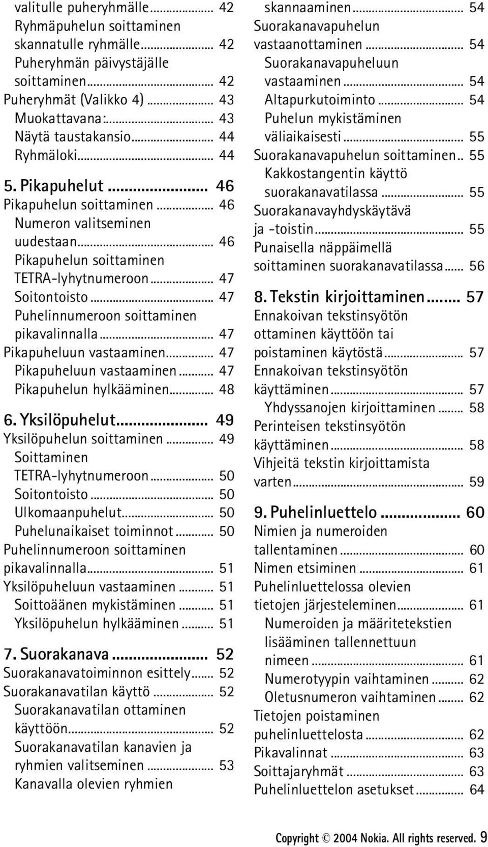 .. 47 Puhelinnumeroon soittaminen pikavalinnalla... 47 Pikapuheluun vastaaminen... 47 Pikapuheluun vastaaminen... 47 Pikapuhelun hylkääminen... 48 6. Yksilöpuhelut... 49 Yksilöpuhelun soittaminen.