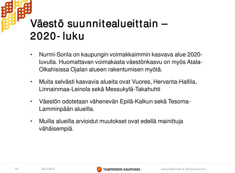 Muita selvästi kasvavia alueita ovat Vuores, Hervanta-Hallila, Linnainmaa-Leinola sekä Messukylä-Takahuhti Väestön