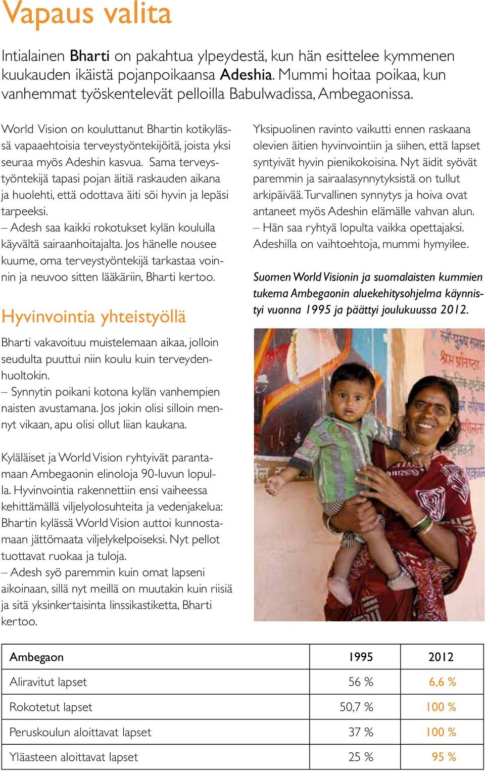 World Vision on kouluttanut Bhartin kotikylässä vapaaehtoisia terveystyöntekijöitä, joista yksi seuraa myös Adeshin kasvua.