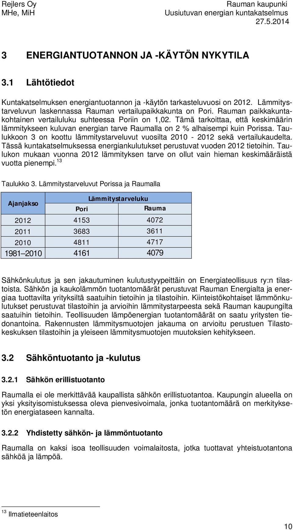 Taulukkoon 3 on koottu lämmitystarveluvut vuosilta 2010-2012 sekä vertailukaudelta. Tässä kuntakatselmuksessa energiankulutukset perustuvat vuoden 2012 tietoihin.