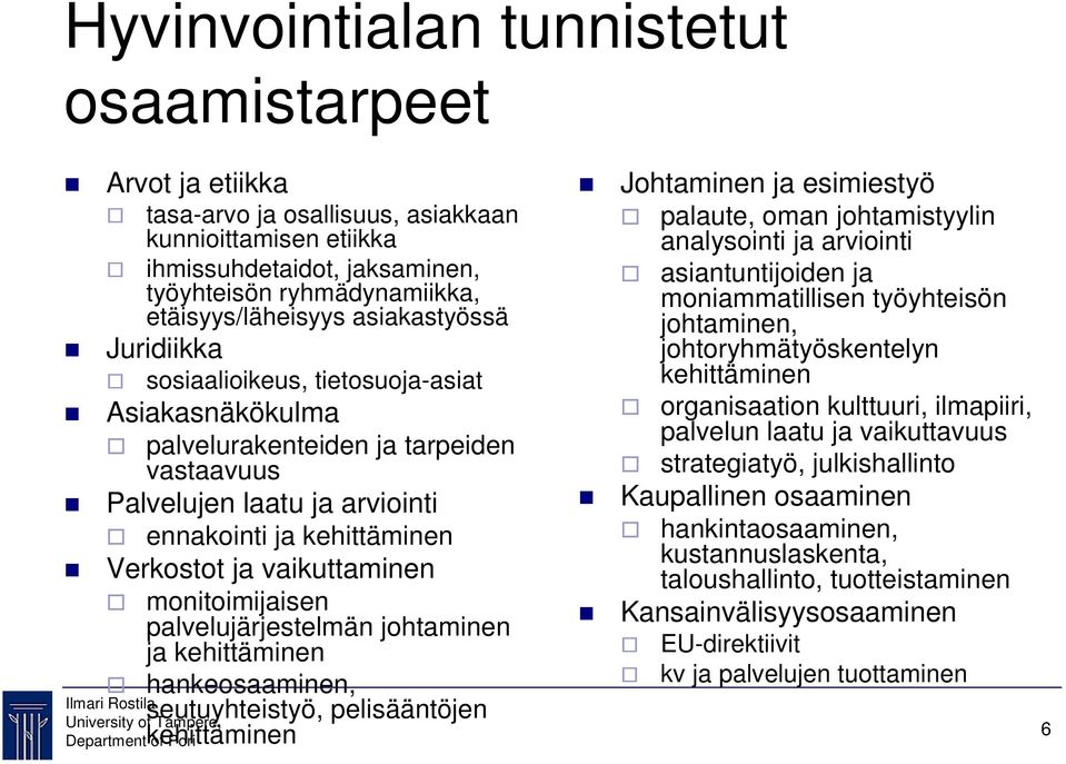 vaikuttaminen monitoimijaisen palvelujärjestelmän johtaminen ja kehittäminen hankeosaaminen, seutuyhteistyö, pelisääntöjen kehittäminen Johtaminen ja esimiestyö palaute, oman johtamistyylin