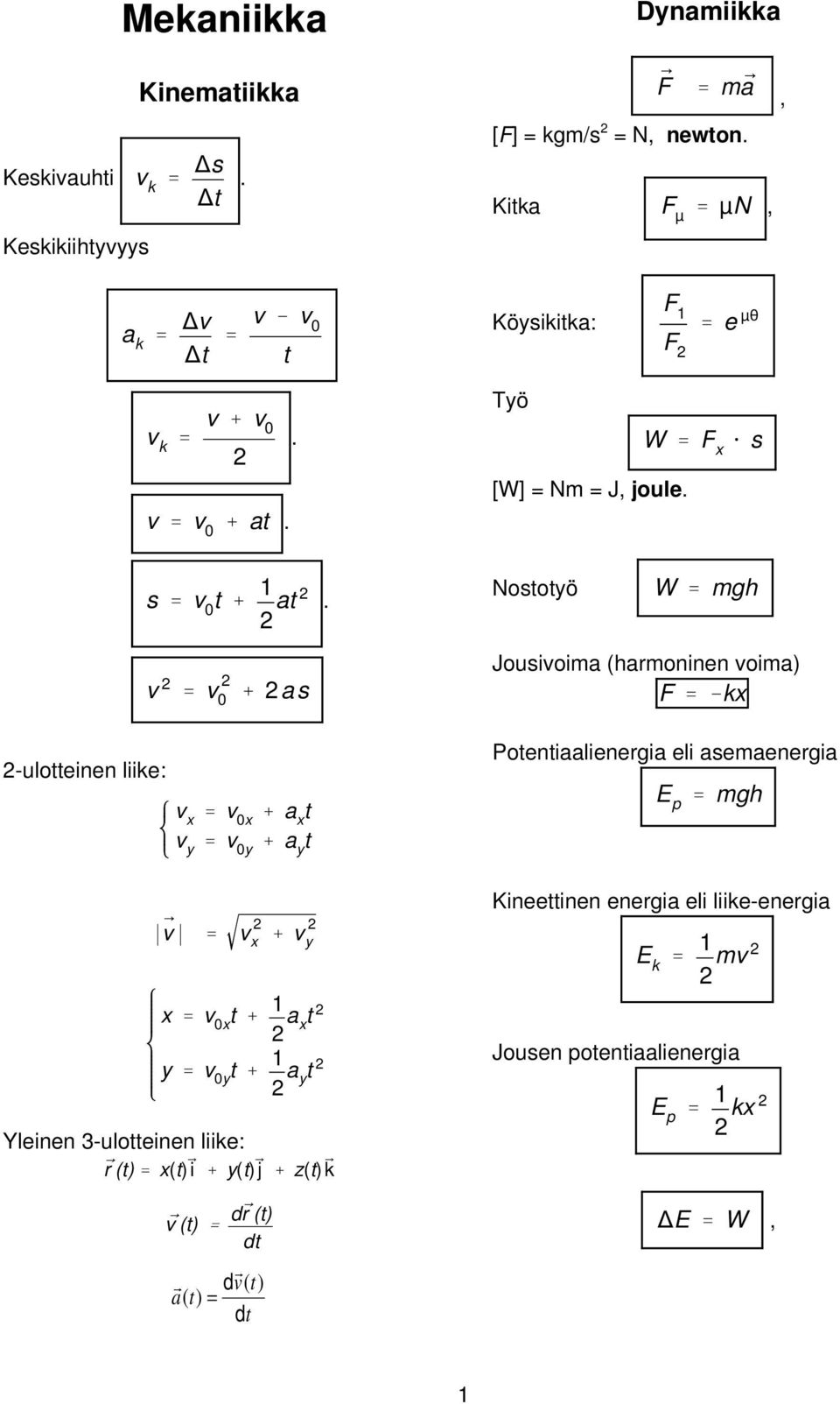 0x % a x t v y ' v 0y % a y t Potentiaalienergia eli asemaenergia E p ' mgh Kineettinen energia eli liike-energia *v 6 * ' v 2 x % v 2 y E k ' 1 2 mv 2 x ' v 0x t % 1 2 a x t 2 y