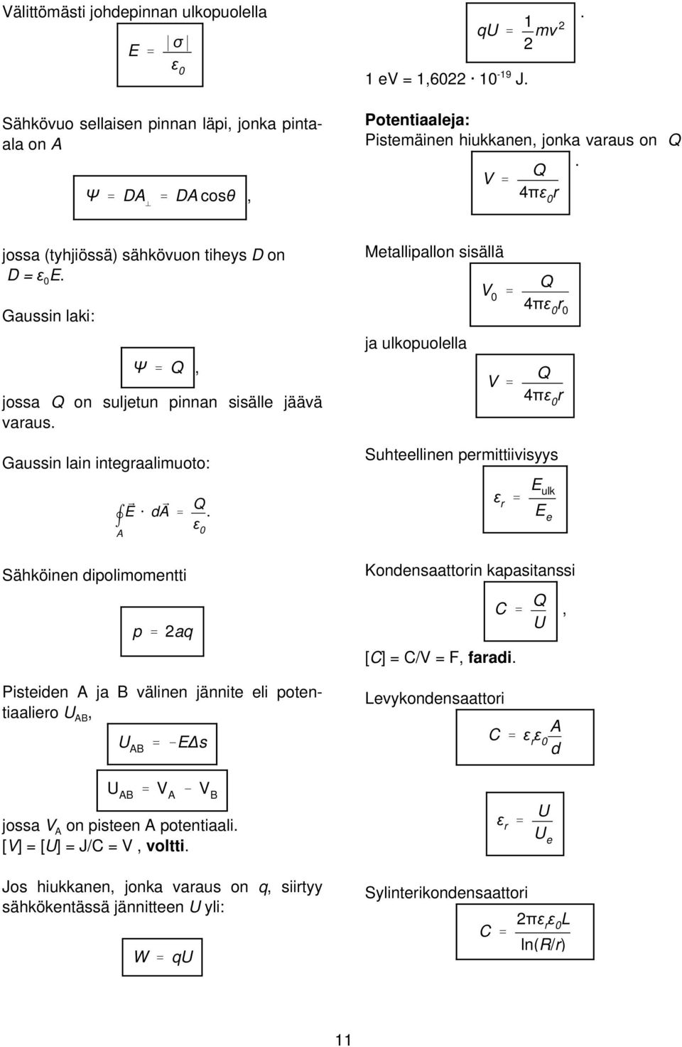 r 0 Q 4πε 0 r Gaussin lain integraalimuoto: PE @ d PA ' Q n ε A 0 Sähköinen dipolimomentti Suhteellinen permittiivisyys ε r ' E ulk E e Kondensaattorin kapasitanssi p ' 2aq [C] = C/V = F faradi C ' Q