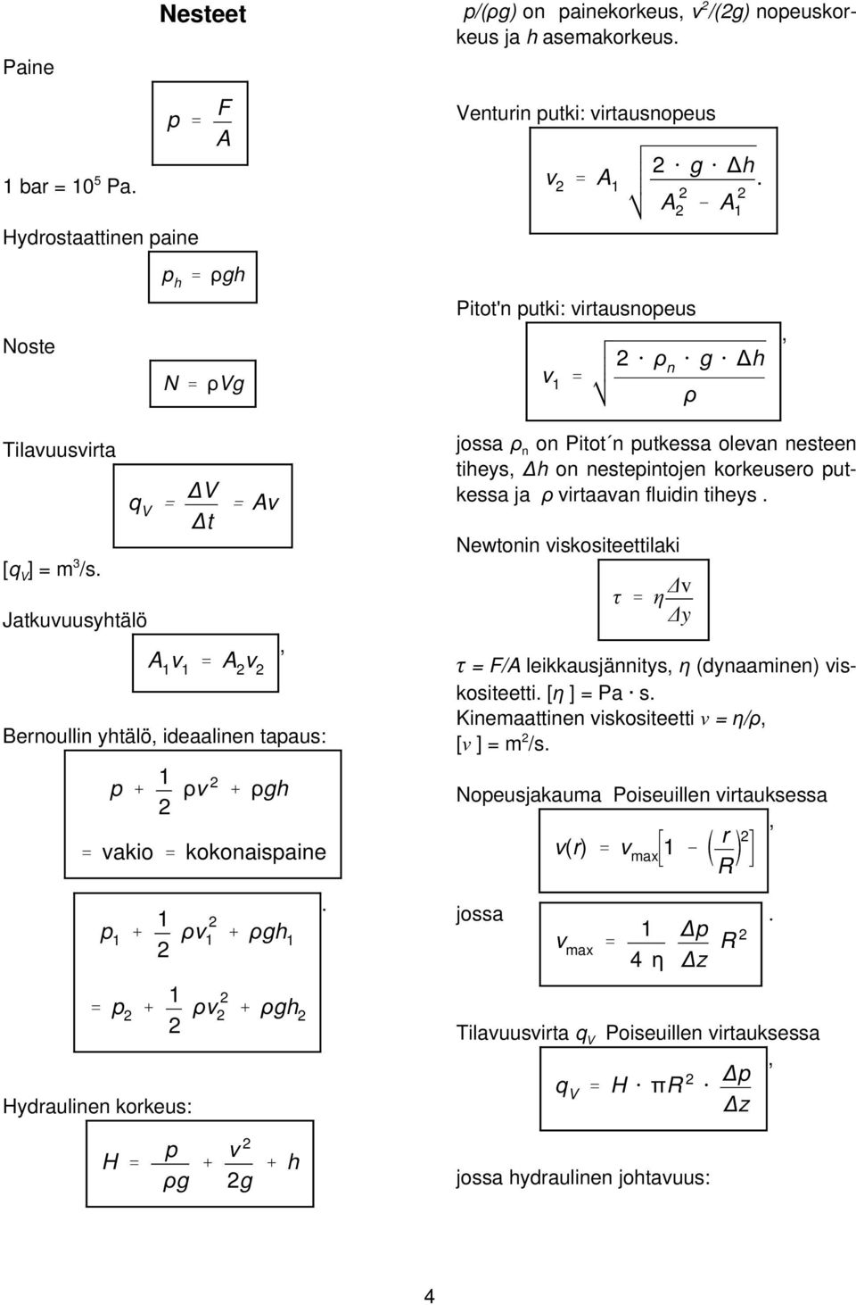 ρgh ' vakio ' kokonaispaine jossa ρ n on Pitot n putkessa olevan nesteen tiheys h on nestepintojen korkeusero putkessa ja ρ virtaavan fluidin tiheys Newtonin viskositeettilaki τ ' η v y τ = F/A