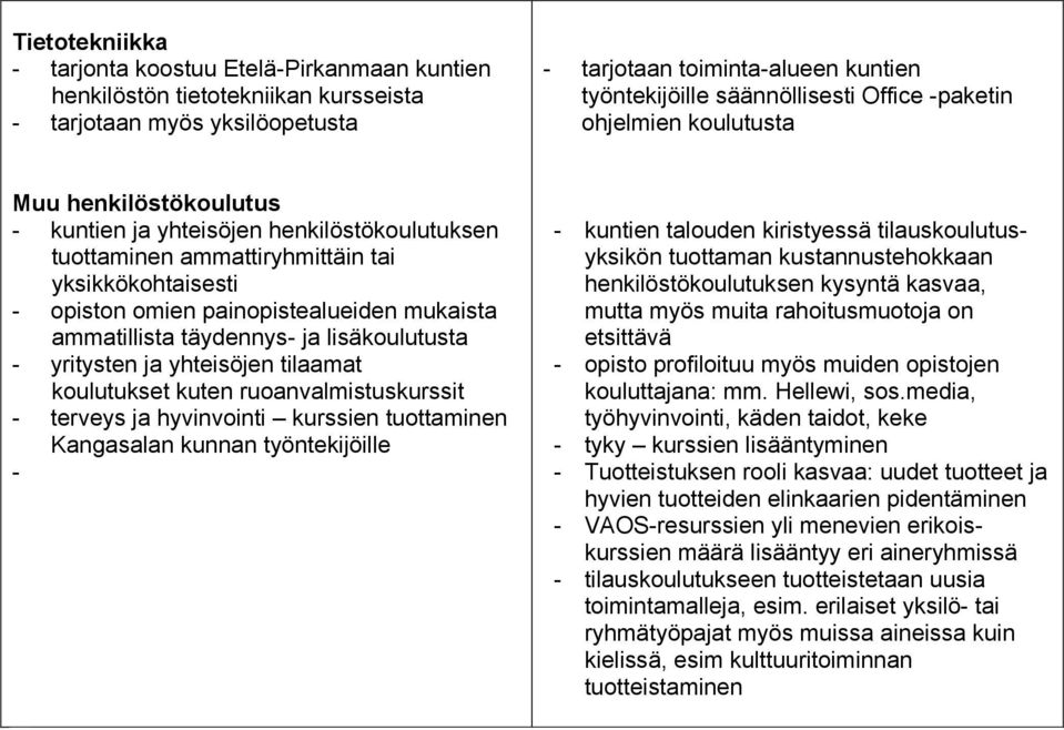 mukaista ammatillista täydennys- ja lisäkoulutusta - yritysten ja yhteisöjen tilaamat koulutukset kuten ruoanvalmistuskurssit - terveys ja hyvinvointi kurssien tuottaminen Kangasalan kunnan