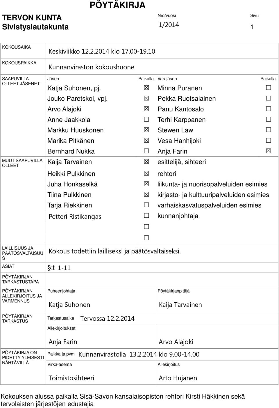 Pekka Ruotsalainen Arvo Alajoki Panu Kantosalo Anne Jaakkola Terhi Karppanen Markku Huuskonen Stewen Law Marika Pitkänen Vesa Hanhijoki Bernhard Nukka Anja Farin Kaija Tarvainen esittelijä, sihteeri